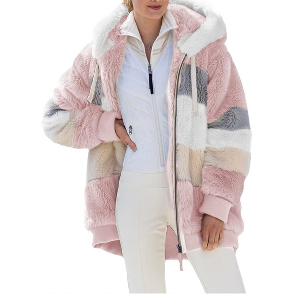 Jackets & Blazers - Women's Fuzzy Fleece Jacket Hooded Color Block Patchwork Cozy Winter Coat